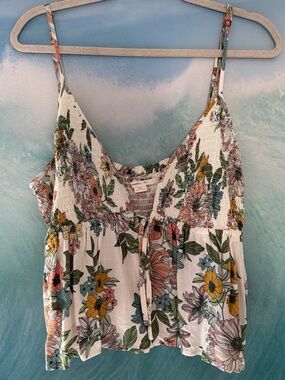 Oneill Floral Smocked V-Neck Cami Top - White Multi